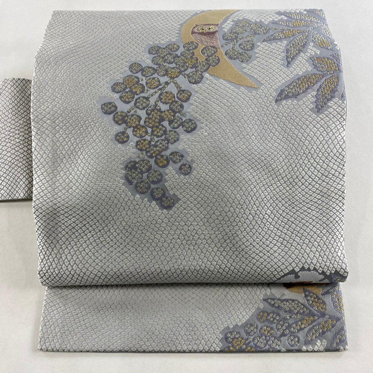 名古屋帯 名品 ふくろう 月 金銀糸 灰色 正絹 【中古】のサムネイル
