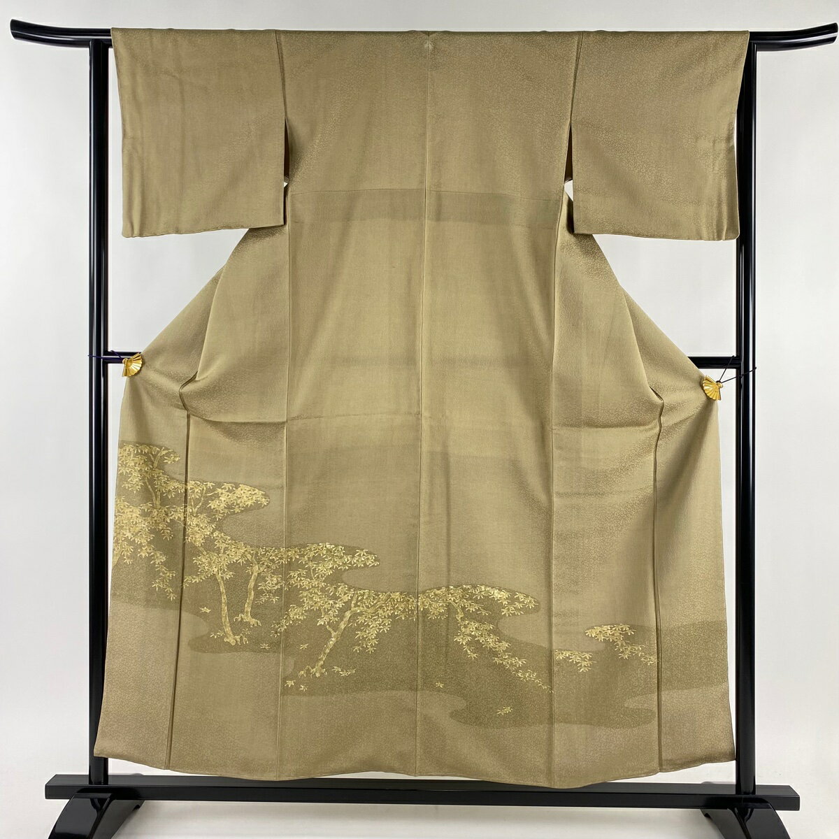 付下げ 身丈157cm 裄丈63cm S 袷 樹木 霞 灰緑 正絹 秀品 一つ紋 【中古】