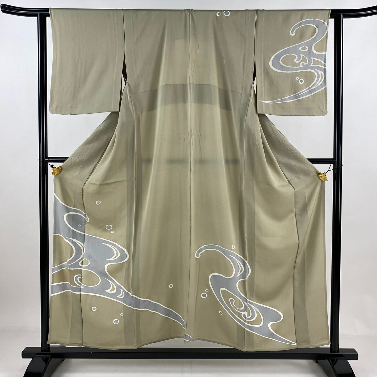 訪問着 身丈153.5cm 裄丈62cm S 袷 波 銀彩 灰緑 正絹 優品 一つ紋 【中古】