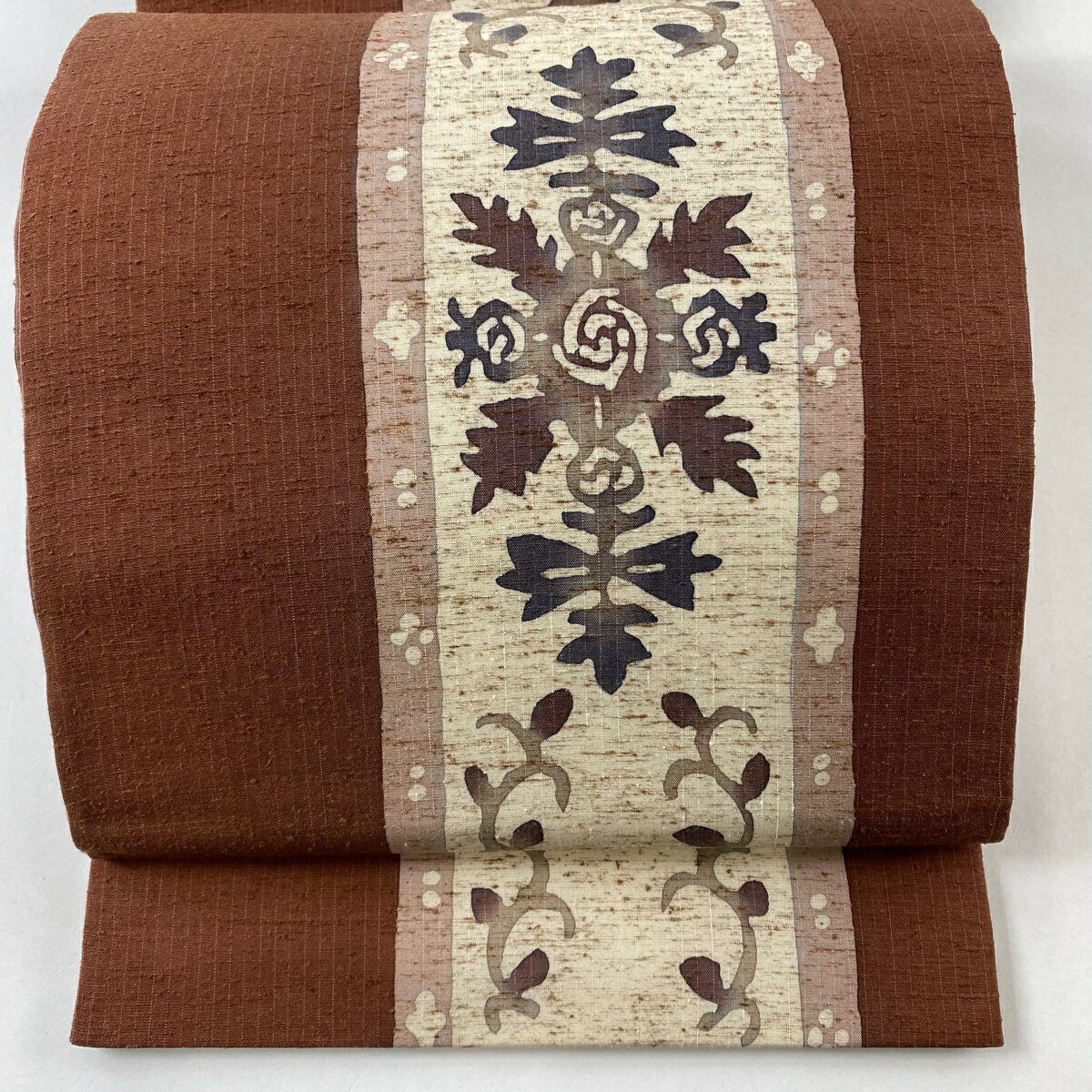 【最終値引き】袋帯 美品 名品 紬地 草花 縞 茶色 六通 正絹 【中古】 msp70