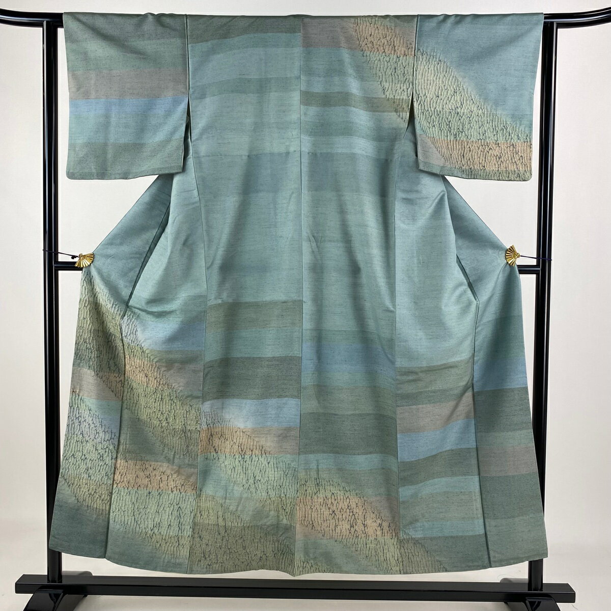 訪問着 身丈152cm 裄丈62.5cm S 袷 紬地 幾何学 段縞 青緑 正絹 美品 秀品 【中古】