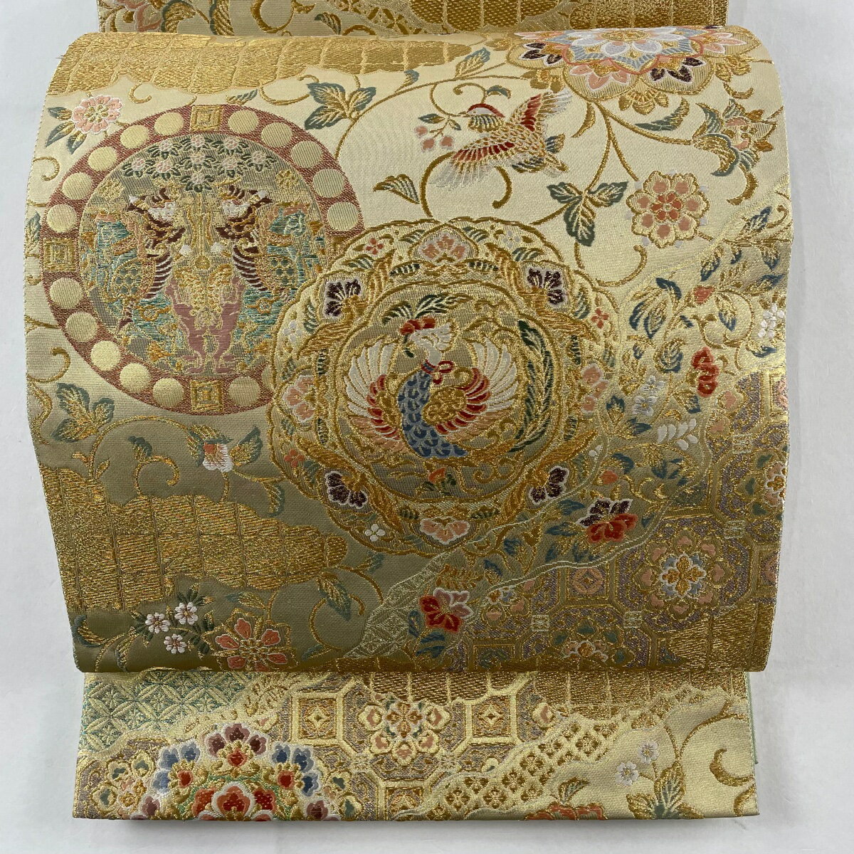 袋帯 美品 秀品 全通全景図 華文 花鳥 本金箔 金色 全通 正絹 【中古】