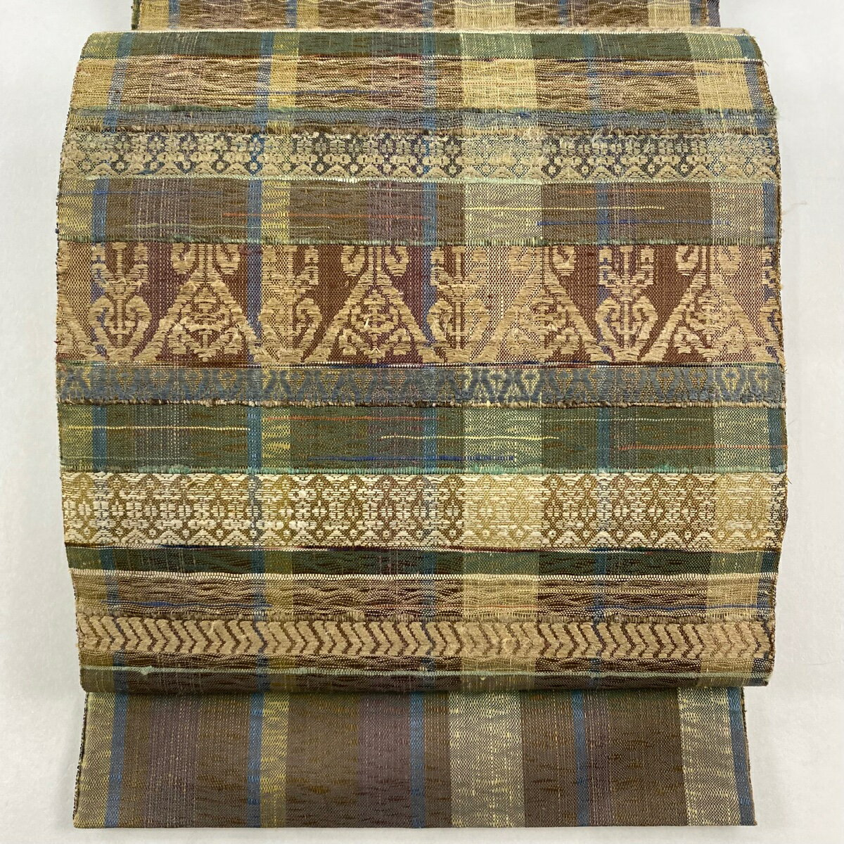 袋帯 名品 縞 幾何学模様 茶色 お太鼓柄 正絹 【中古】