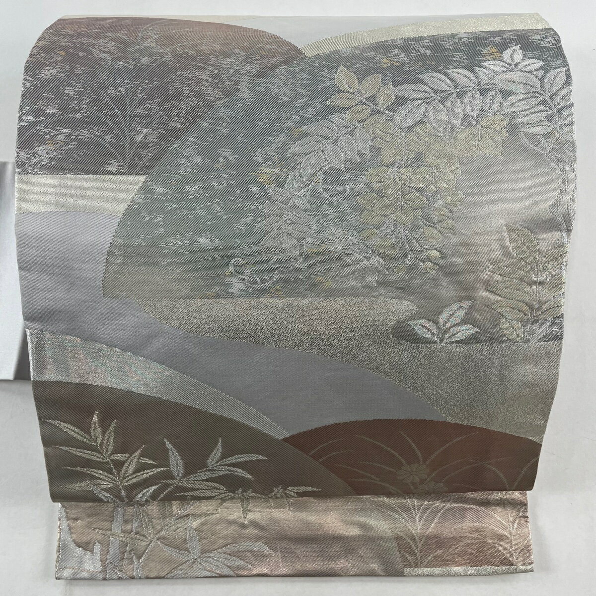 名古屋帯 優品 葉 霞 金銀糸 箔 灰色 正絹 【中古】 msp50