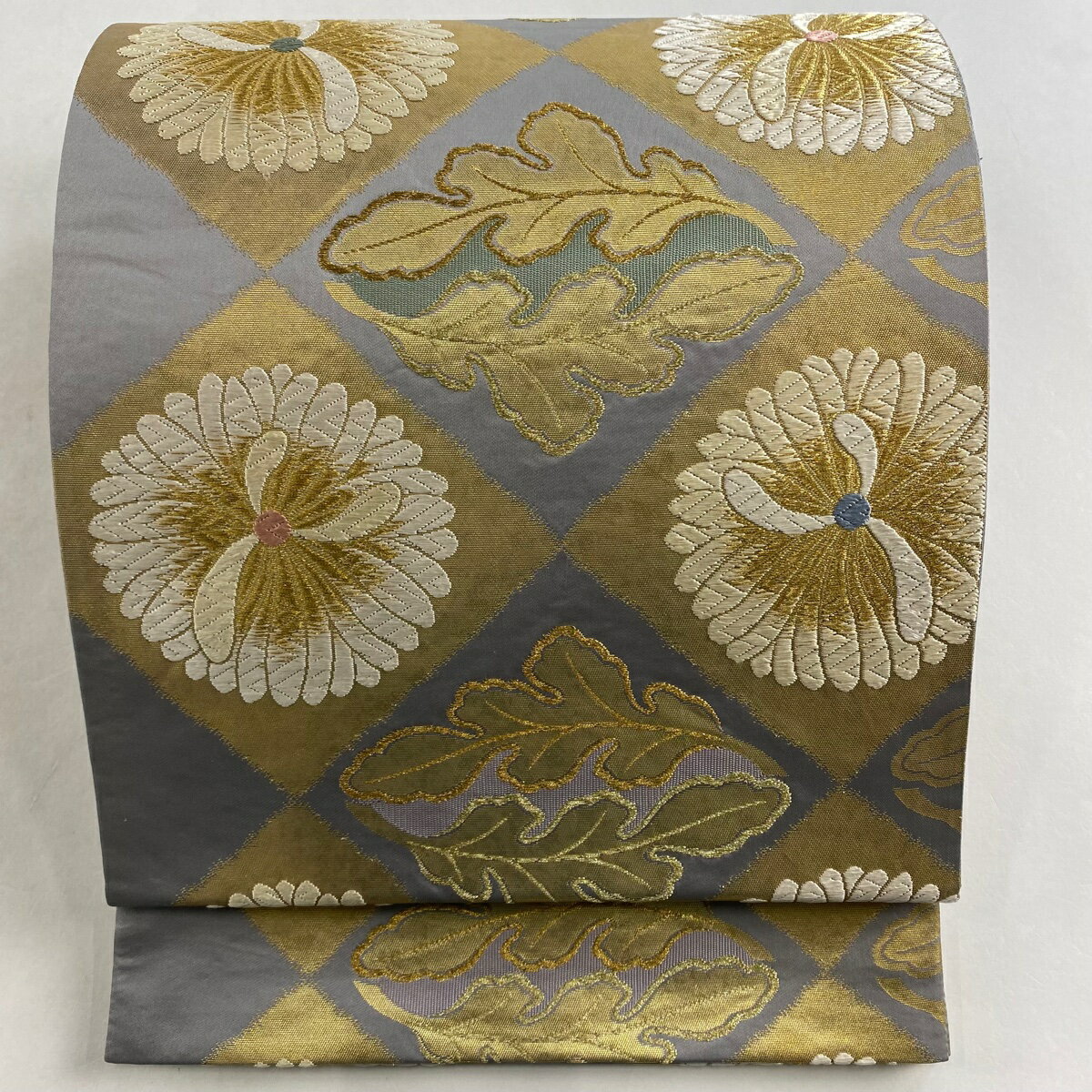 袋帯 美品 秀品 菊 菱 金糸 箔 灰色 六通 正絹 【中古】