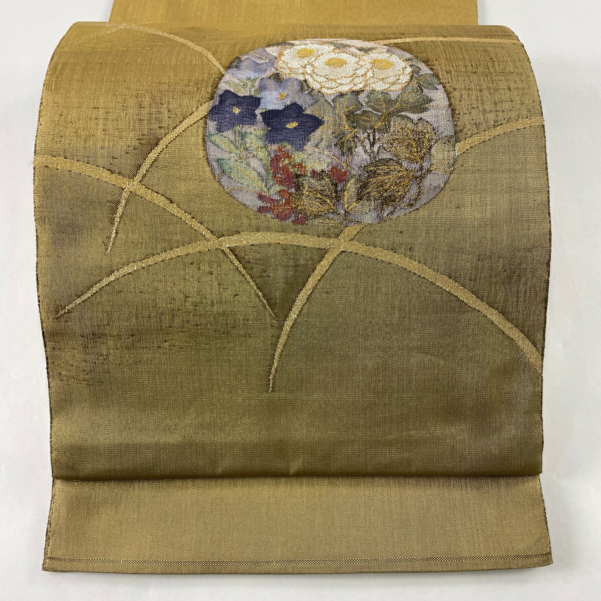 袋帯 美品 秀品 牡丹 桔梗 金糸 黄土色 お太鼓柄 正絹 【中古】