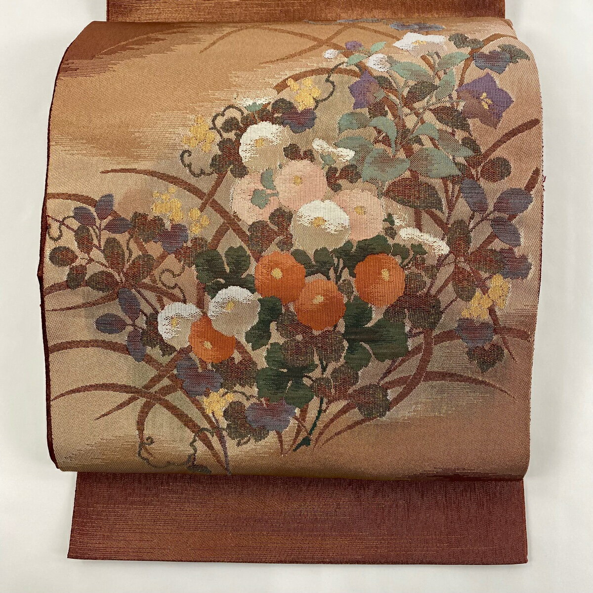 袋帯 美品 名品 証紙あり 秋草 霞 金糸 赤茶 お太鼓柄 正絹 【中古】