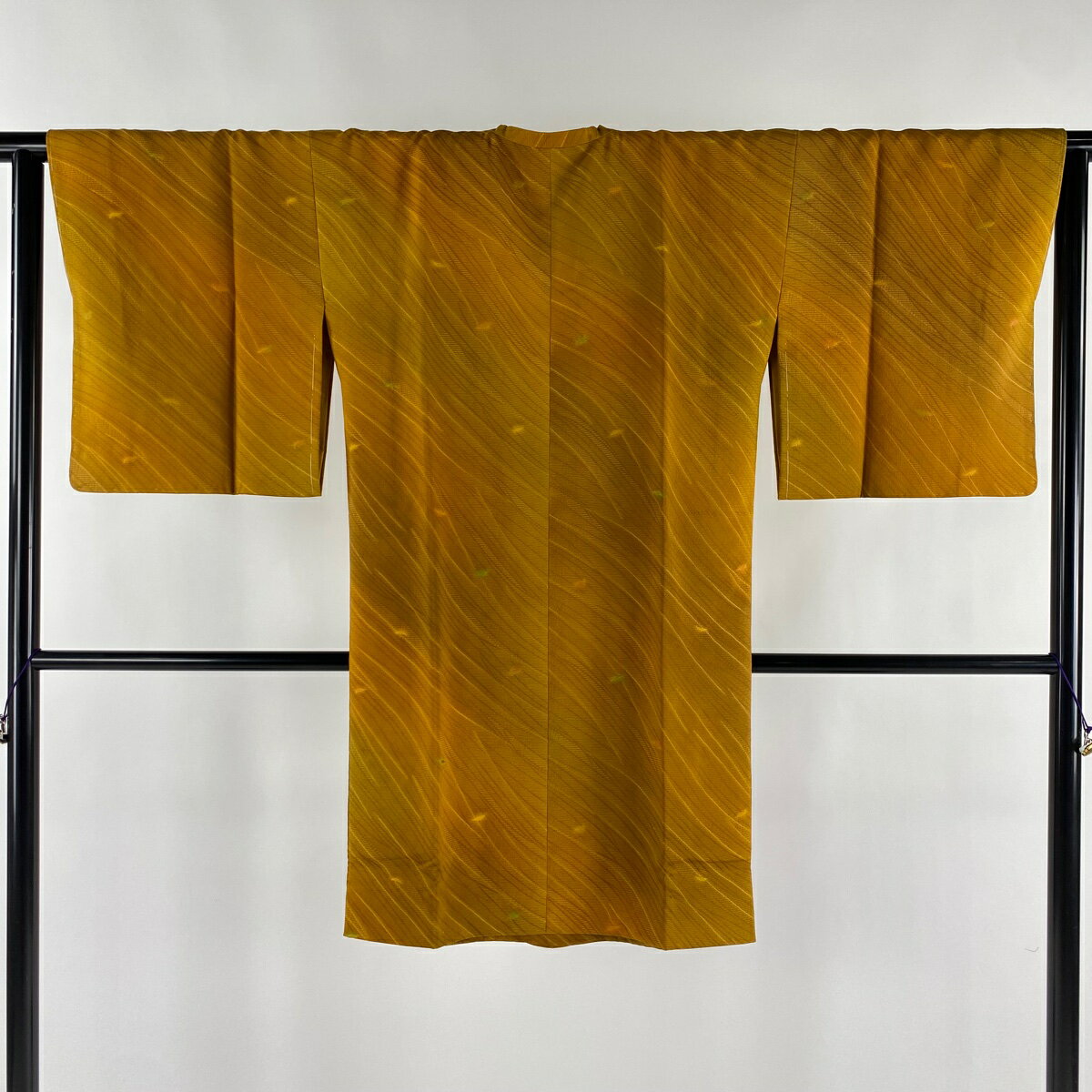 道行 身丈102cm 裄丈65cm M 和装コート角衿 葉 幾何学模様 ぼかし 山吹色 正絹 美品 逸品 【中古】