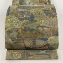 【最終値引き】 丸帯 美品 逸品 名所大江戸百景 扇面 箔 灰緑 正絹 【中古】 msp70(4)