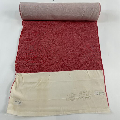 反物 秀品 江戸小紋 建物 草花 赤 正絹 【中古】 反物 秀品 江戸小紋 建物 草花 赤 正絹 【中古】