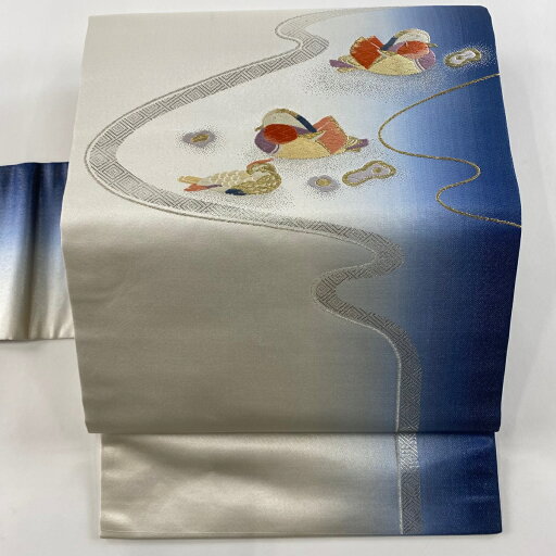 名古屋帯 美品 秀品 鴛鴦 霞 唐織 箔 灰白 正絹 【中古】 msp70 名古屋帯 美品 秀品 鴛鴦 霞 唐織 箔 灰白 正絹 【中古】 msp70
