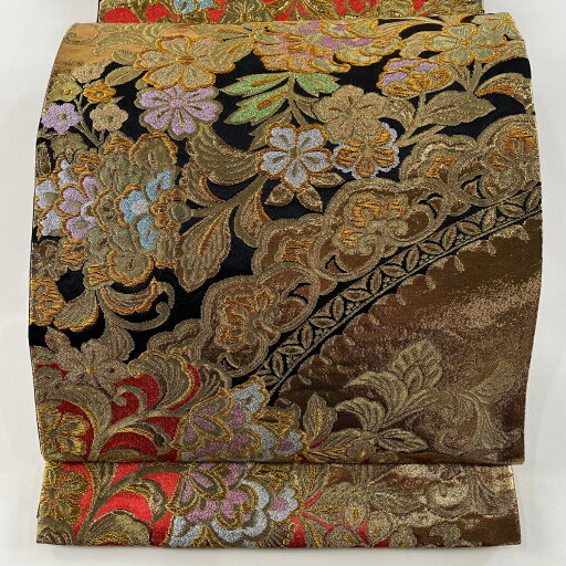 袋帯 秀品 草花 箔 金糸 金色 六通 正絹 【中古】 袋帯 秀品 草花 箔 金糸 金色 六通 正絹 【中古】