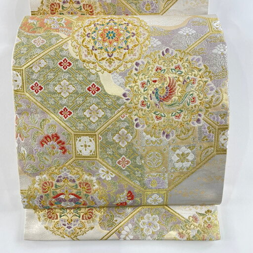 袋帯 美品 秀品 鳳凰 華文 金銀糸 箔 灰白 六通 正絹 【中古】 袋帯 美品 秀品 鳳凰 華文 金銀糸 箔 灰白 六通 正絹 【中古】