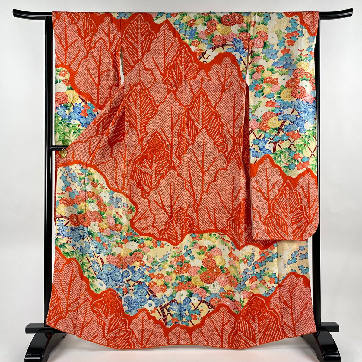 振袖 身丈163.5cm 裄丈64cm M 袷 草花 間垣 金彩 絞り オレンジ 正絹 秀品 【中古】