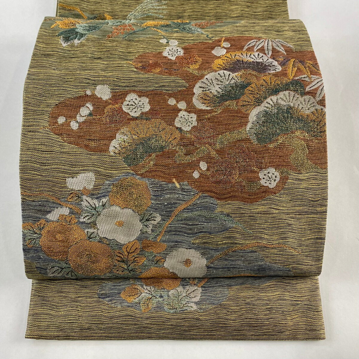 袋帯 美品 秀品 笠松 笹 金糸 箔 茶緑色 六通 正絹 【中古】
