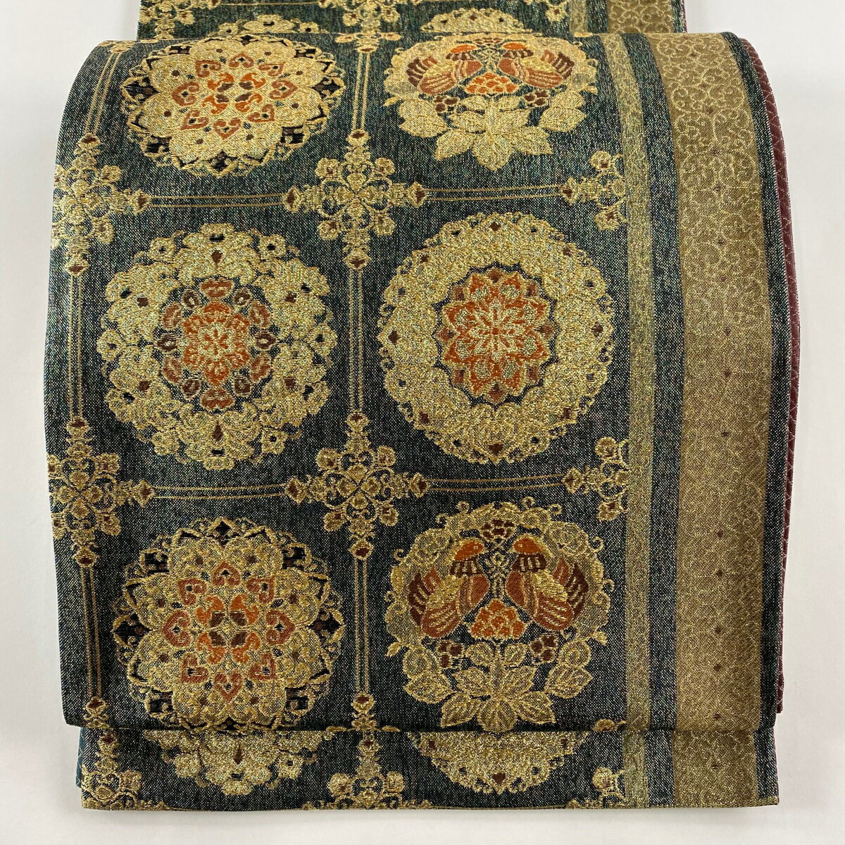 袋帯 名品 華文 格子 金糸 箔 茶緑色 六通 正絹 【中古】
