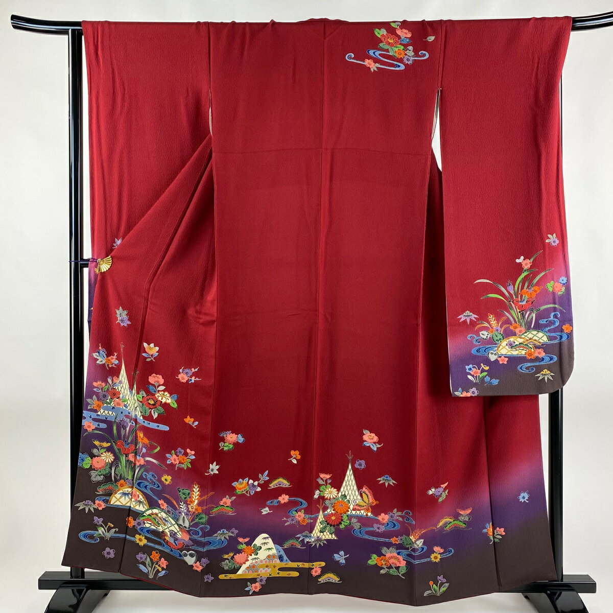 振袖 身丈160cm 裄丈66.5cm M 袷 草花 網干 染め分け 赤 正絹 美品 名品 【中古】