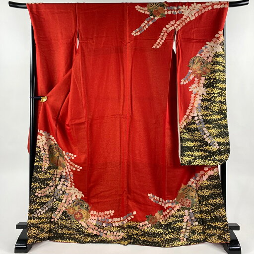振袖 身丈168.5cm 裄丈70cm L 袷 源氏車 藤 金通し 金彩 赤 正絹 美品 逸品 【中古】 振袖 身丈168.5cm 裄丈70cm L 袷 源氏車 藤 金通し 金彩 赤 正絹 美品 逸品 【中古】