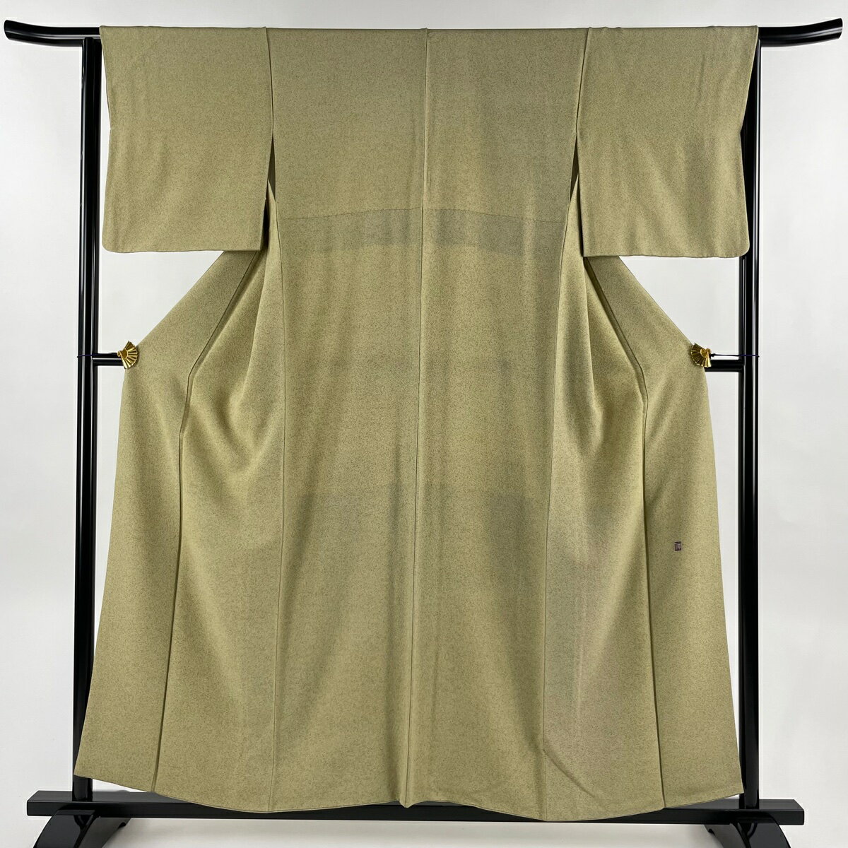 小紋 身丈157cm 裄丈64cm M 袷 落款あり 幾何学模様 灰緑 正絹 美品 秀品 【中古】