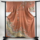 訪問着 身丈158.5cm 裄丈61.5cm S 袷 草花 霞 金銀彩 ぼかし サーモンピンク 正絹 名品 【中古】