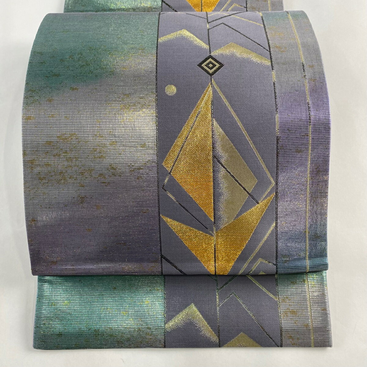 袋帯 美品 秀品 縞 幾何学模様 箔 薄紫 六通 正絹 【中古】