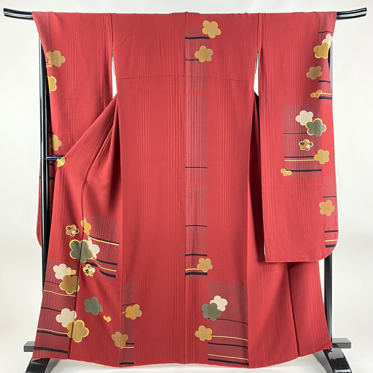 振袖 身丈164cm 裄丈69cm L 袷 梅 霞 刺繍 金糸 えんじ色 正絹 名品 【中古】