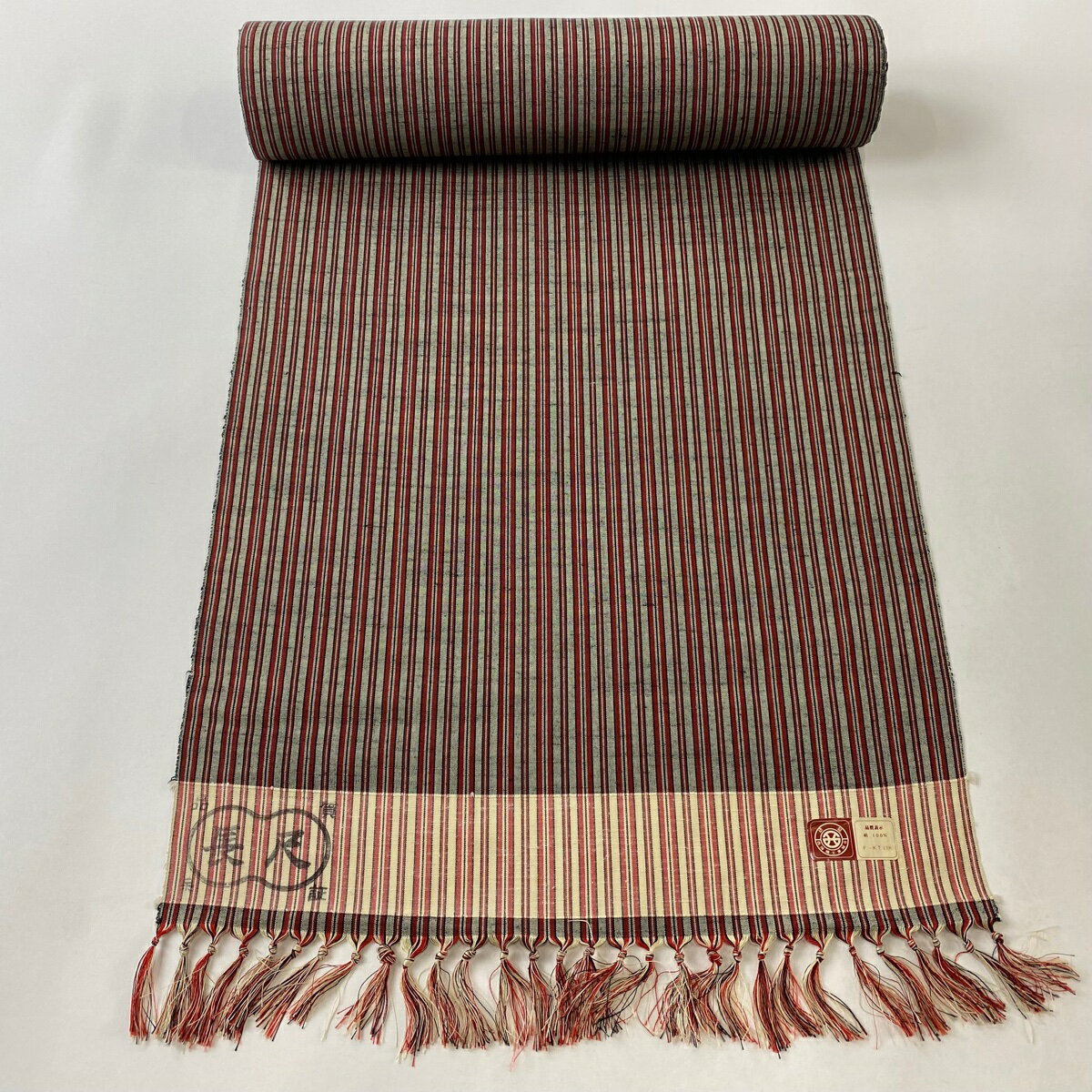 反物 秀品 紬 縞 灰茶 正絹 【中古】