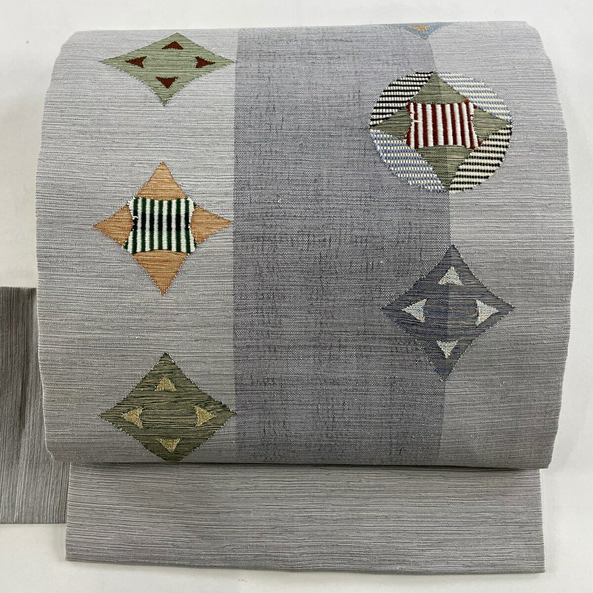 名古屋帯 秀品 紬地 幾何学模様 七宝 箔 灰色 正絹 【中古】 msp50