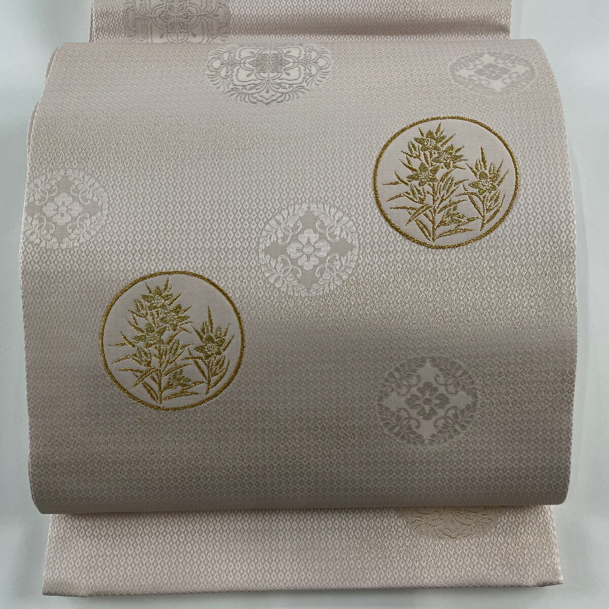 袋帯 秀品 丸文 草花 金糸 薄ピンク お太鼓柄 正絹 【中古】