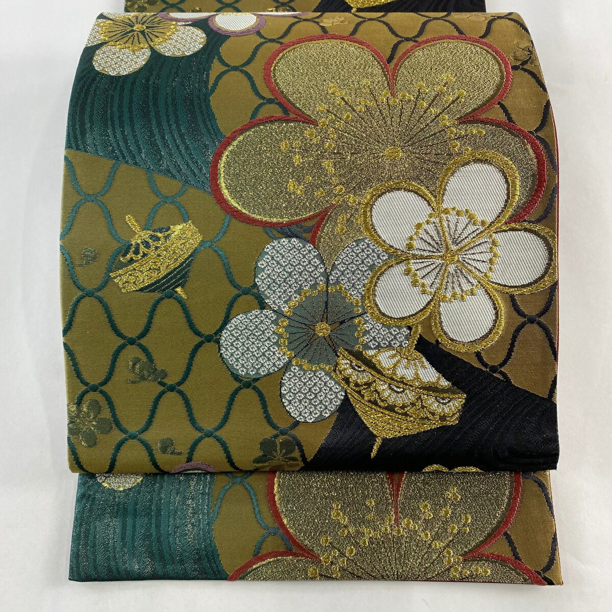 袋帯 美品 秀品 梅 独楽 箔 唐織 墨色 六通 正絹 【中古】 msp70