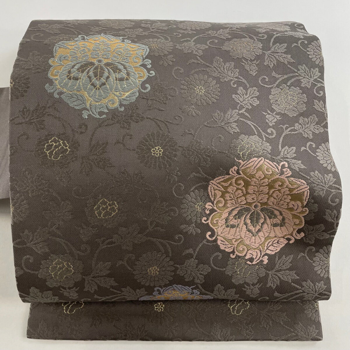 名古屋帯 美品 秀品 桐 花唐草 刺繍 箔 灰茶 正絹 【中古】