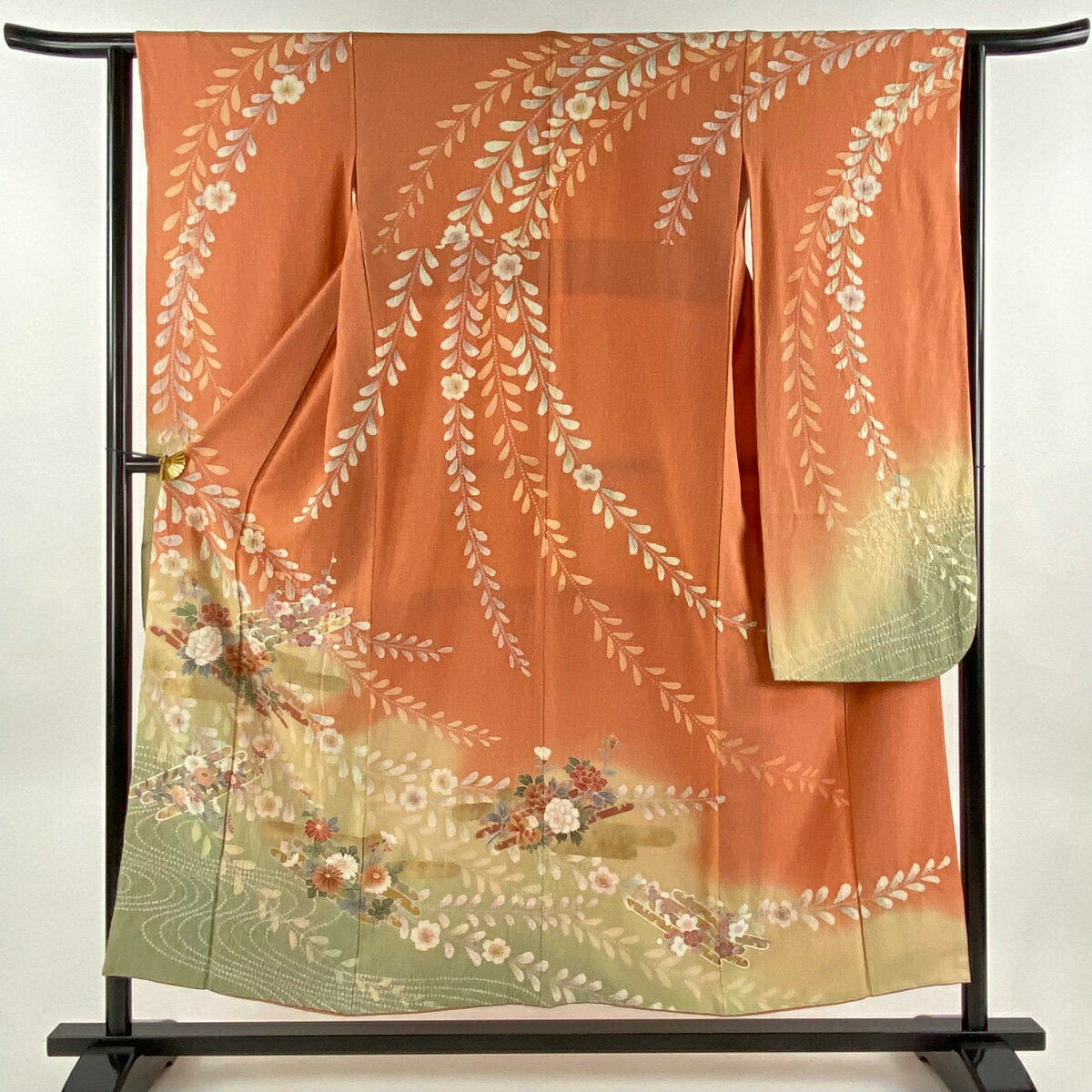 振袖 身丈153cm 裄丈63cm S 袷 花筏 流水 金銀彩 絞り サーモンピンク 正絹 秀品 【中古】