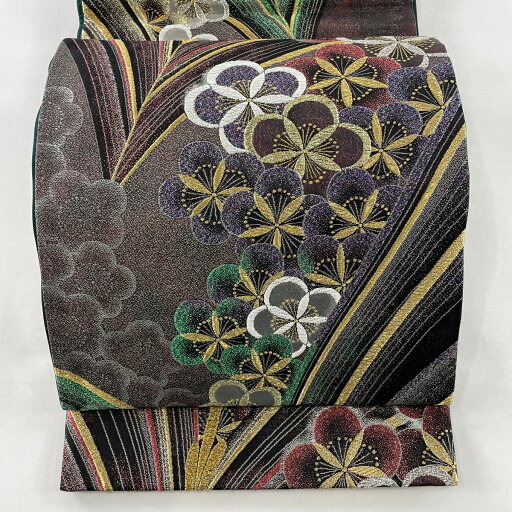 袋帯 美品 秀品 梅 箔 金銀糸 灰紫 六通 正絹 【中古】 袋帯 美品 秀品 梅 箔 金銀糸 灰紫 六通 正絹 【中古】
