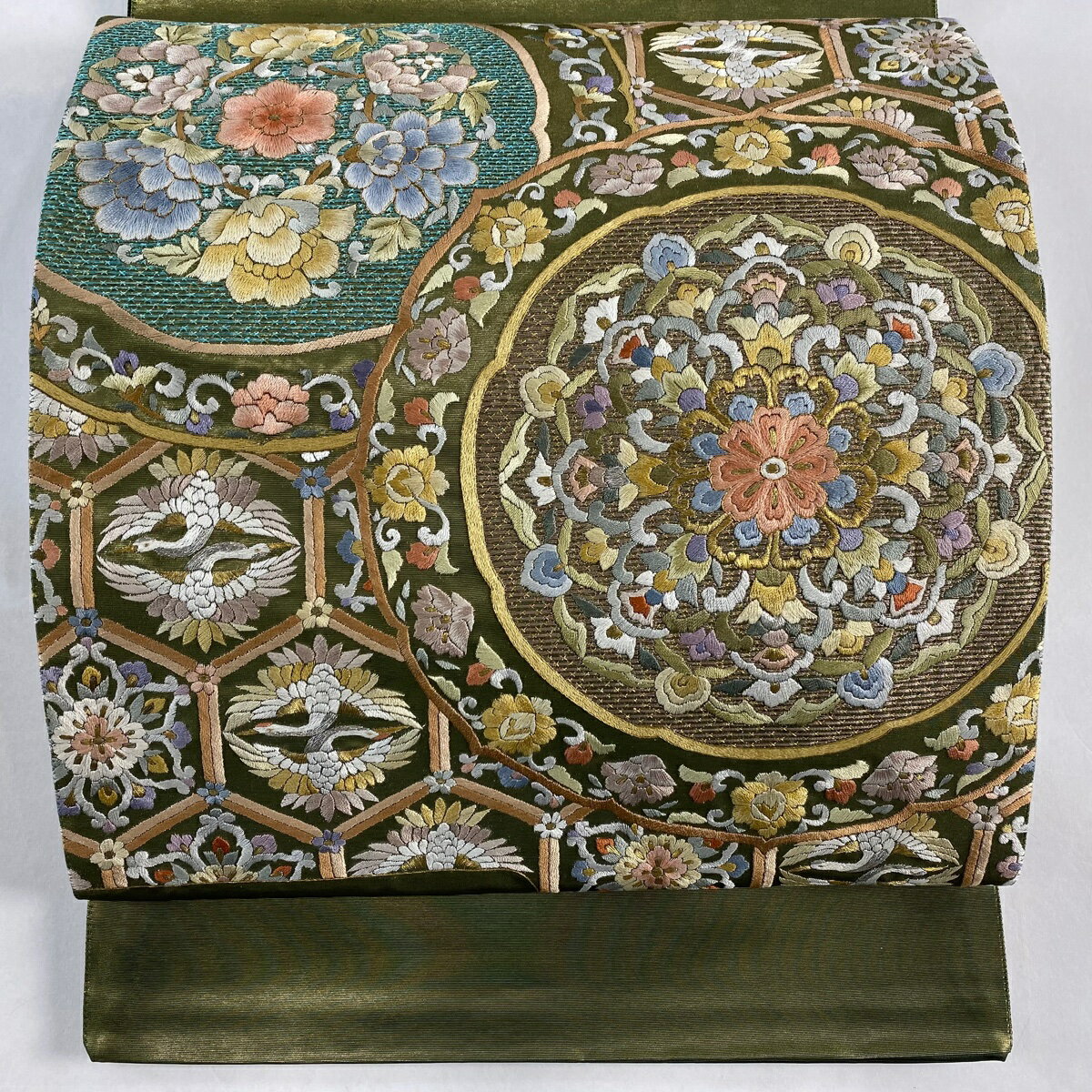 袋帯 美品 逸品 華文 鶴 刺繍 金銀糸 鶯色 お太鼓柄 正絹 【中古】
