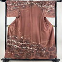 訪問着 身丈157.5cm 裄丈64.5cm M 袷 坂東三津五郎 落款あり 桜 流水 金彩 小豆色 正絹 名品 【中古】