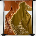 訪問着 身丈161.5cm 裄丈65cm M 袷 花車 花鳥 金糸 金銀彩 茶色 正絹 秀品 【中古】