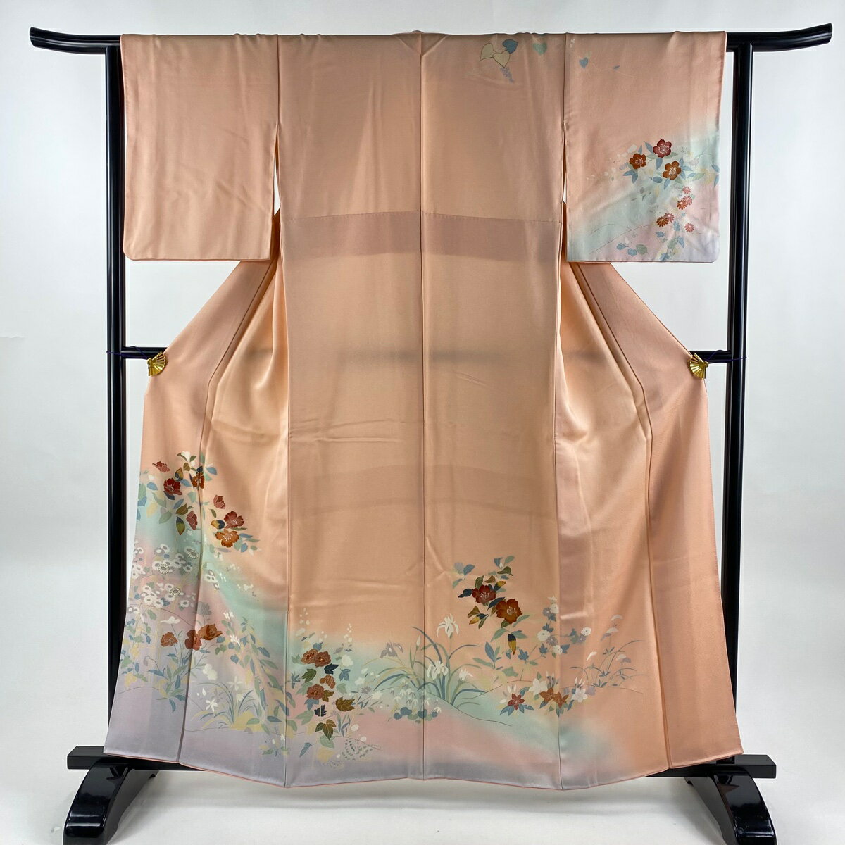 訪問着 身丈161cm 裄丈62cm S 袷 枝花 金彩 染め分け サーモンピンク 正絹 秀品 【中古】