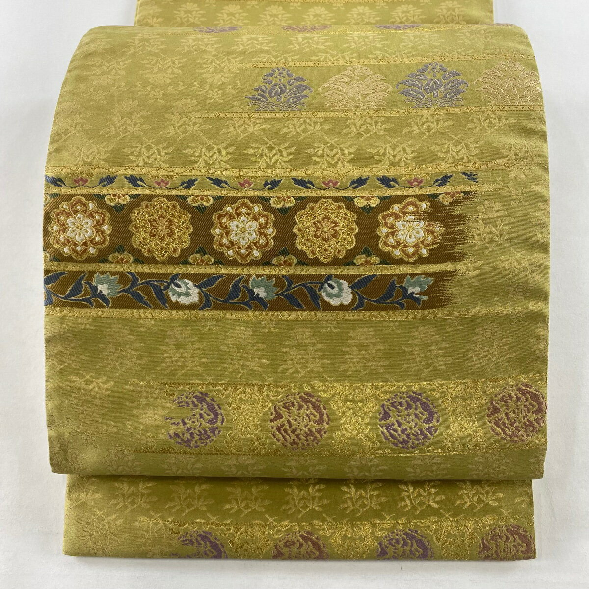 袋帯 美品 秀品 利休 草木染 華文 草花 金糸 刺繍 鶯色 六通 正絹 【中古】