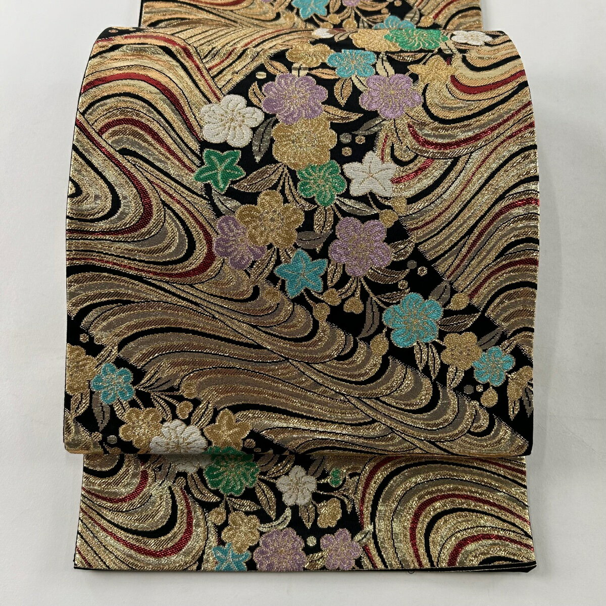 袋帯 美品 秀品 関西仕立て 草花 波 金糸 箔 黒 六通 正絹 【中古】
