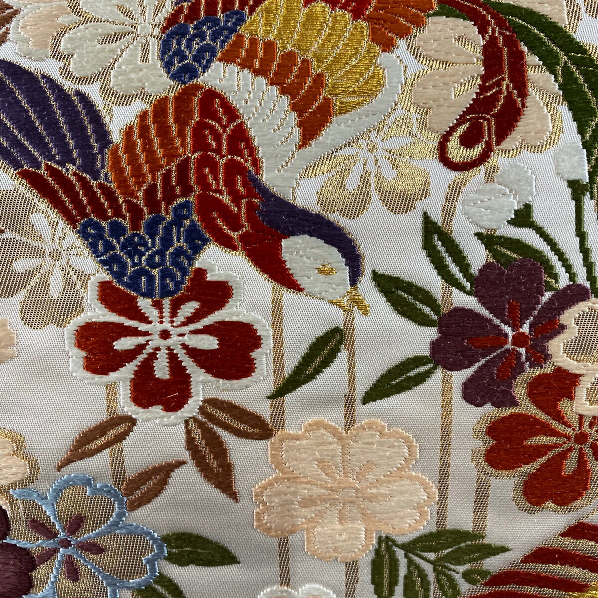 【最終値引き】 袋帯 美品 名品 関西仕立て 鳳凰 枝垂桜 唐織 金糸 灰白 六通 正絹 【中古】 msp70
