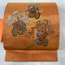 【最終値引き】 名古屋帯 美品 優品 花車 流水 刺繍 箔 サーモンピンク 正絹 【中古】 msp70