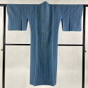 【最終値引き】 道中着 身丈131cm 裄丈64.5cm M 紬地 和装コート 着物衿 縦縞 青灰色 正絹 名品 【中古】 msp70