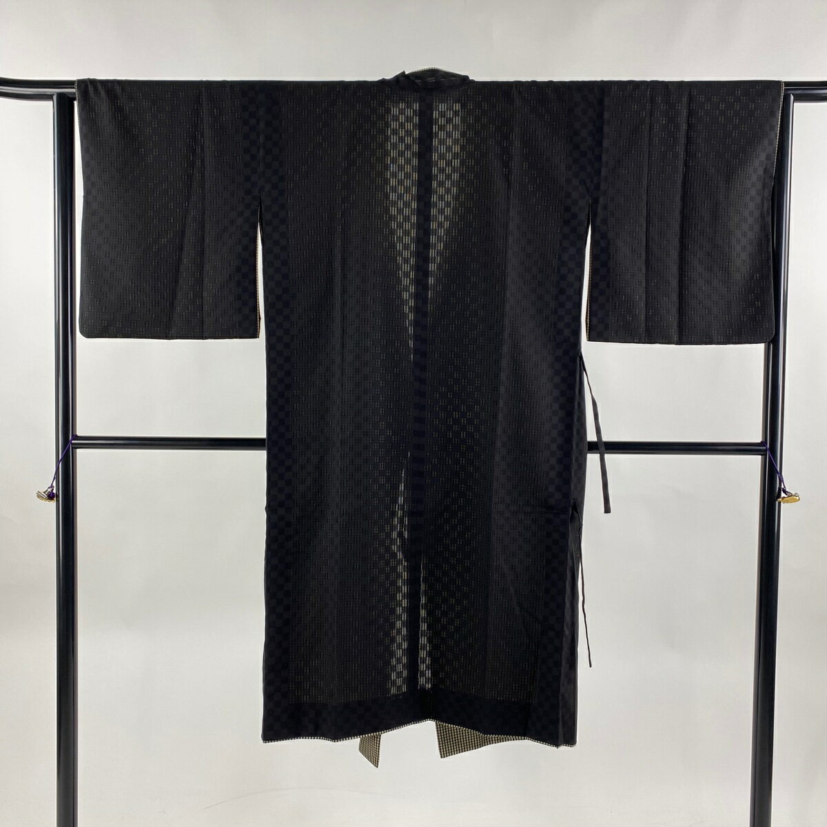 道行 身丈120cm 裄丈64cm M 和装コート 千代田衿 リバーシブル 市松 格子 黒 正絹 美品 逸品 【中古】