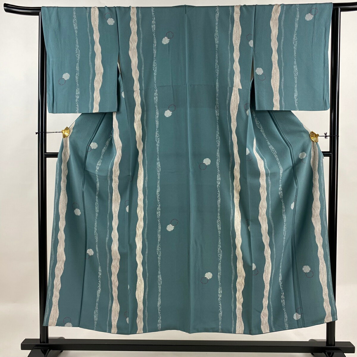 小紋 身丈152.5cm 裄丈65cm M 袷 雪輪 草花 青灰色 正絹 秀品 【中古】