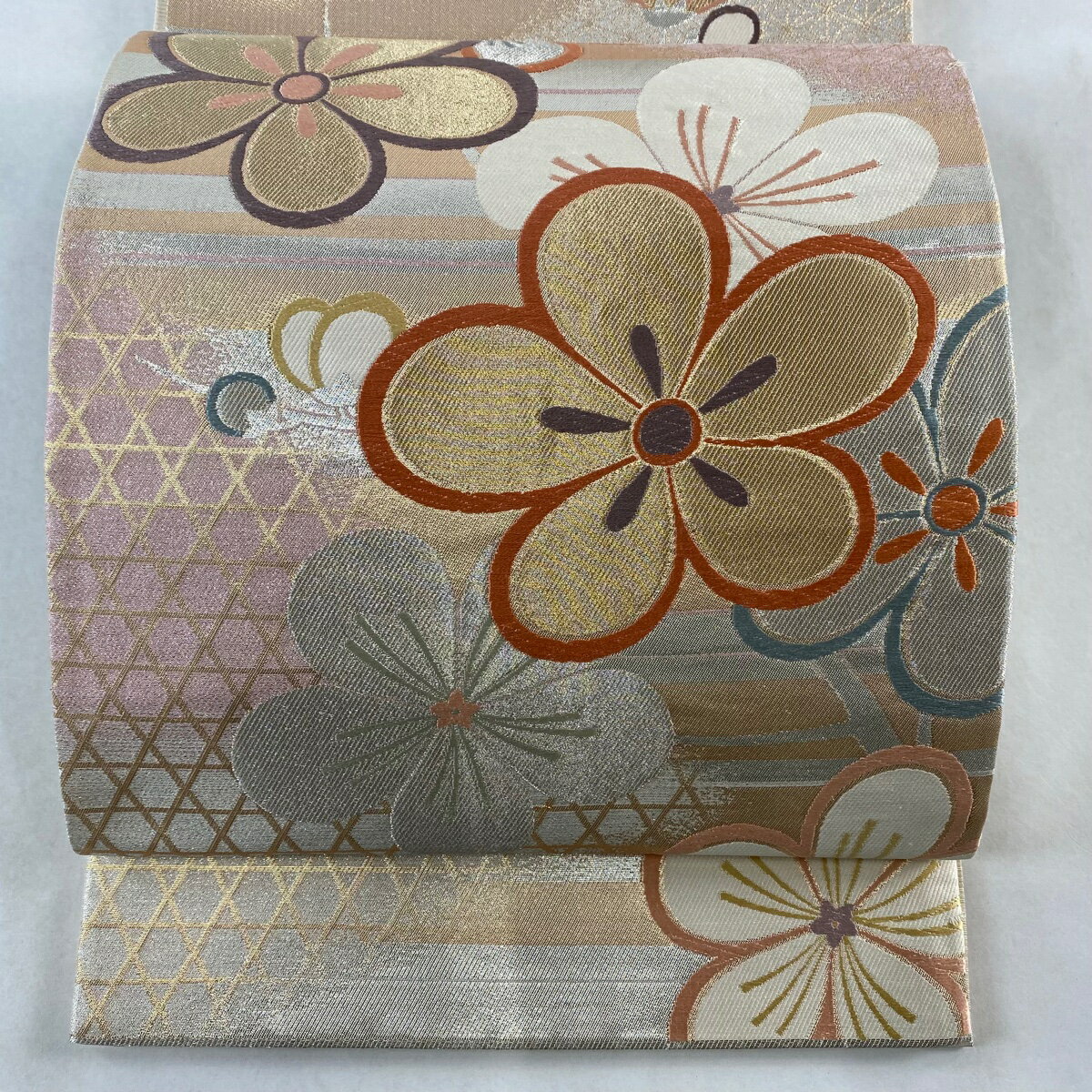 袋帯 秀品 関西仕立て 梅 籠目 唐織 金銀糸 金色 六通 正絹 【中古】
