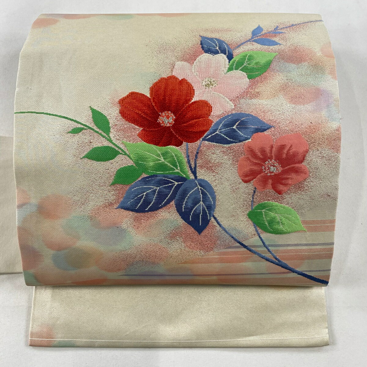 名古屋帯 優品 関西仕立て 草花 箔 ラメ箔 ベージュ 正絹 【中古】