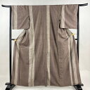 紬 身丈162cm 裄丈65cm M 袷 縞 灰紫 正絹 美品 秀品 【中古】