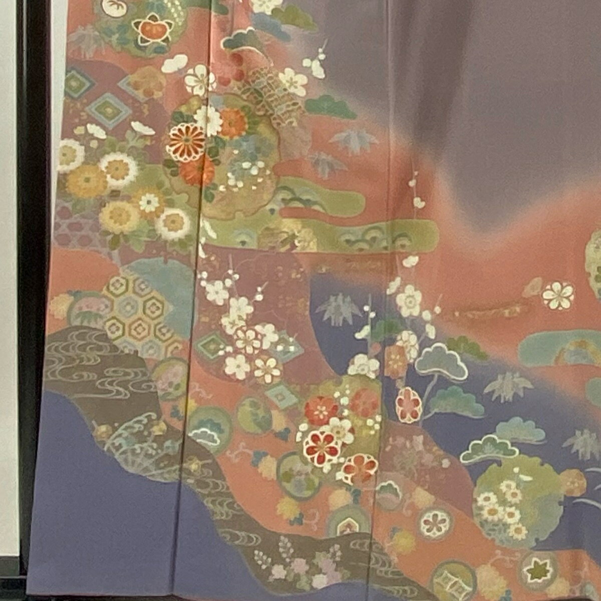 訪問着 身丈159cm 裄丈66.5cm M 袷 落款あり 雪輪 松竹梅 金糸 金彩 ピンク 正絹 名品 【中古】