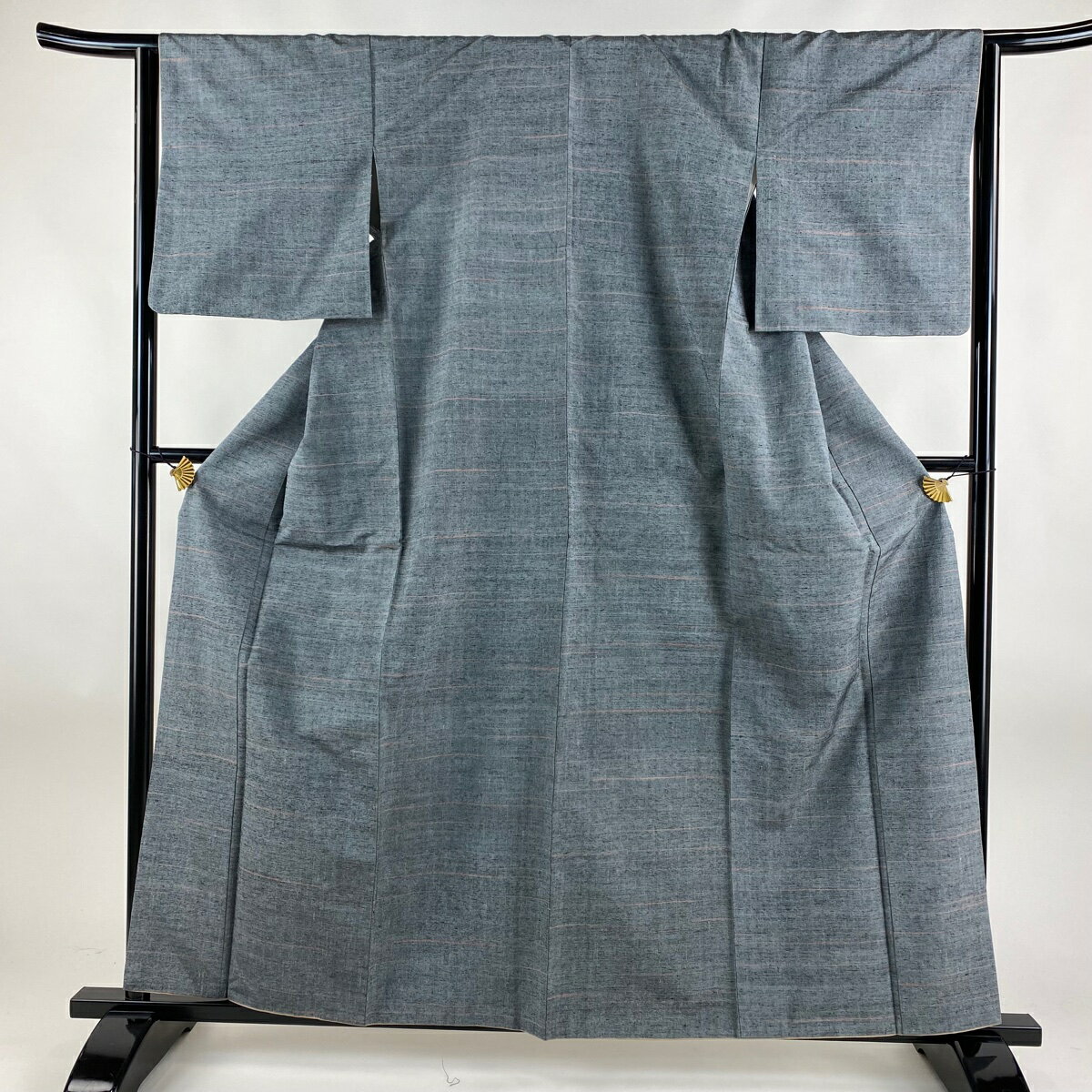 紬 身丈160.5cm 裄丈64cm M 袷 縞 幾何学 青灰色 正絹 美品 優品 【中古】