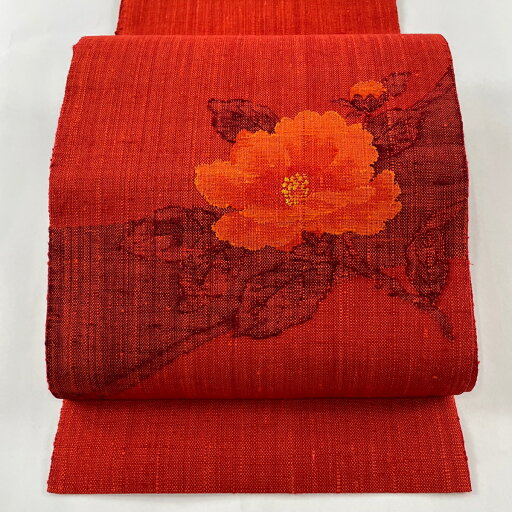 名古屋帯 美品 優品 松葉仕立て 八寸名古屋帯 枝花 朱色 正絹 【中古】 名古屋帯 美品 優品 松葉仕立て 八寸名古屋帯 枝花 朱色 正絹 【中古】